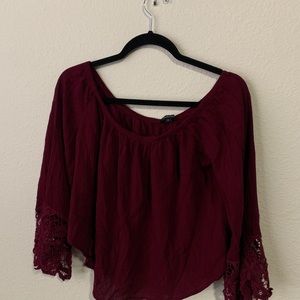Cropped, off the shoulder, maroon shirt with lace
